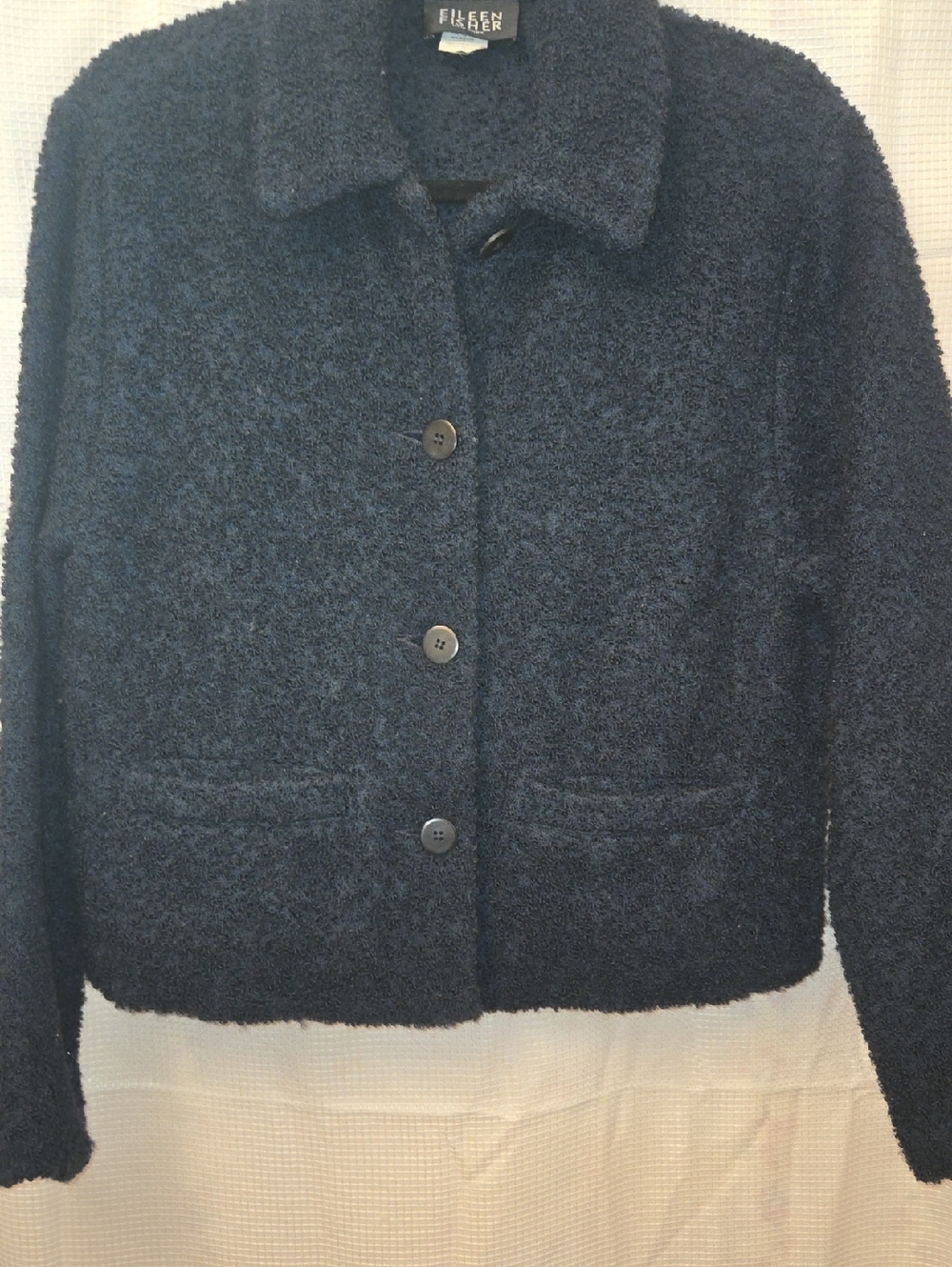 Eileen Fisher Navy Wool Bouclé Button Front Jacket 95% Wool